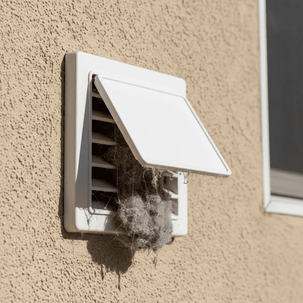 Exterior wall vent flashing with lint visible around the edges