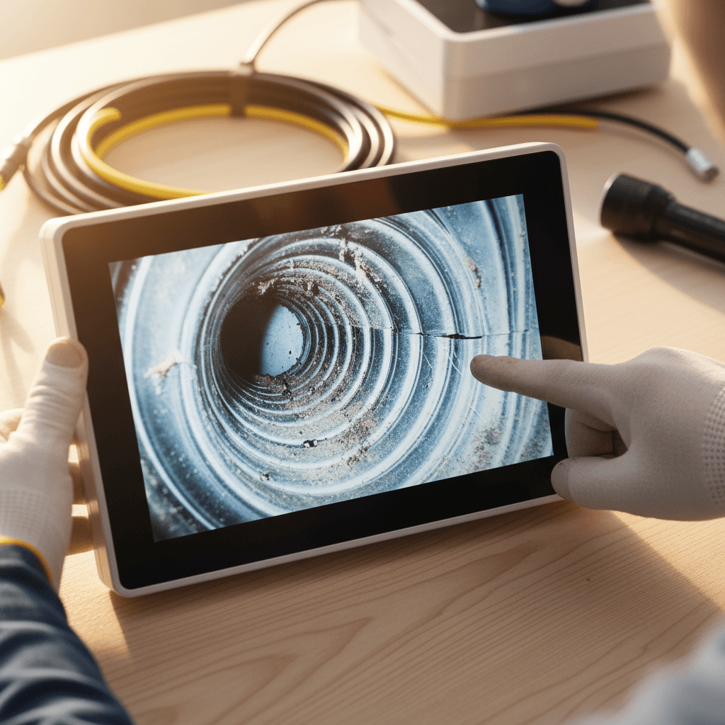 Dryer vent cleaning technician performing a camera inspection