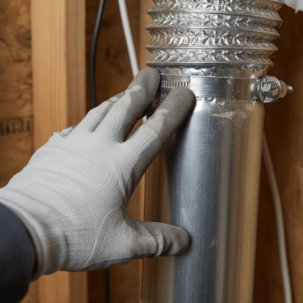 Technician checking vent duct connections for gaps and damage
