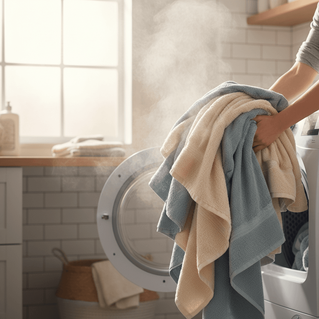 Warm fluffy towels being lifted out of a dryer