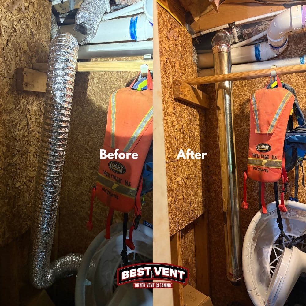 Before and after comparison showing a flexible dryer vent replaced with a rigid metal pipe.