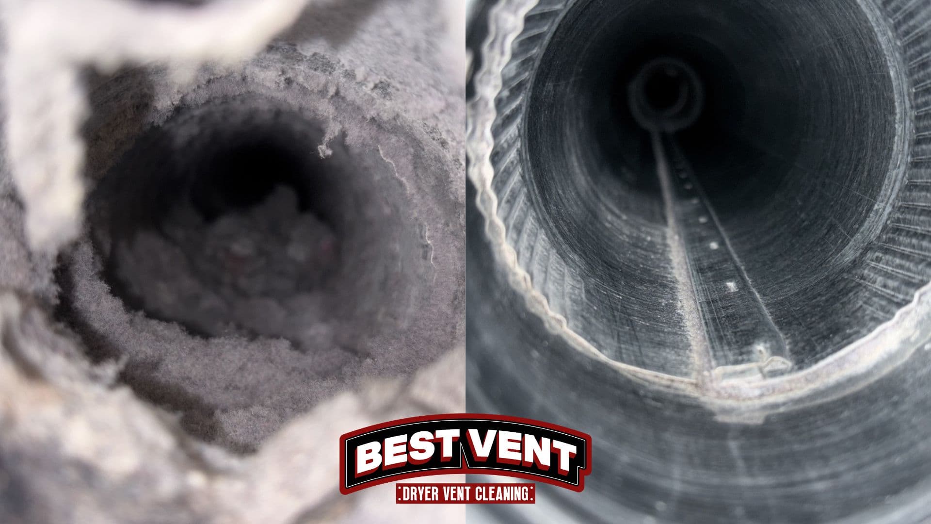 Comparison of a dryer vent before and after cleaning, showing thick lint versus clear metal.