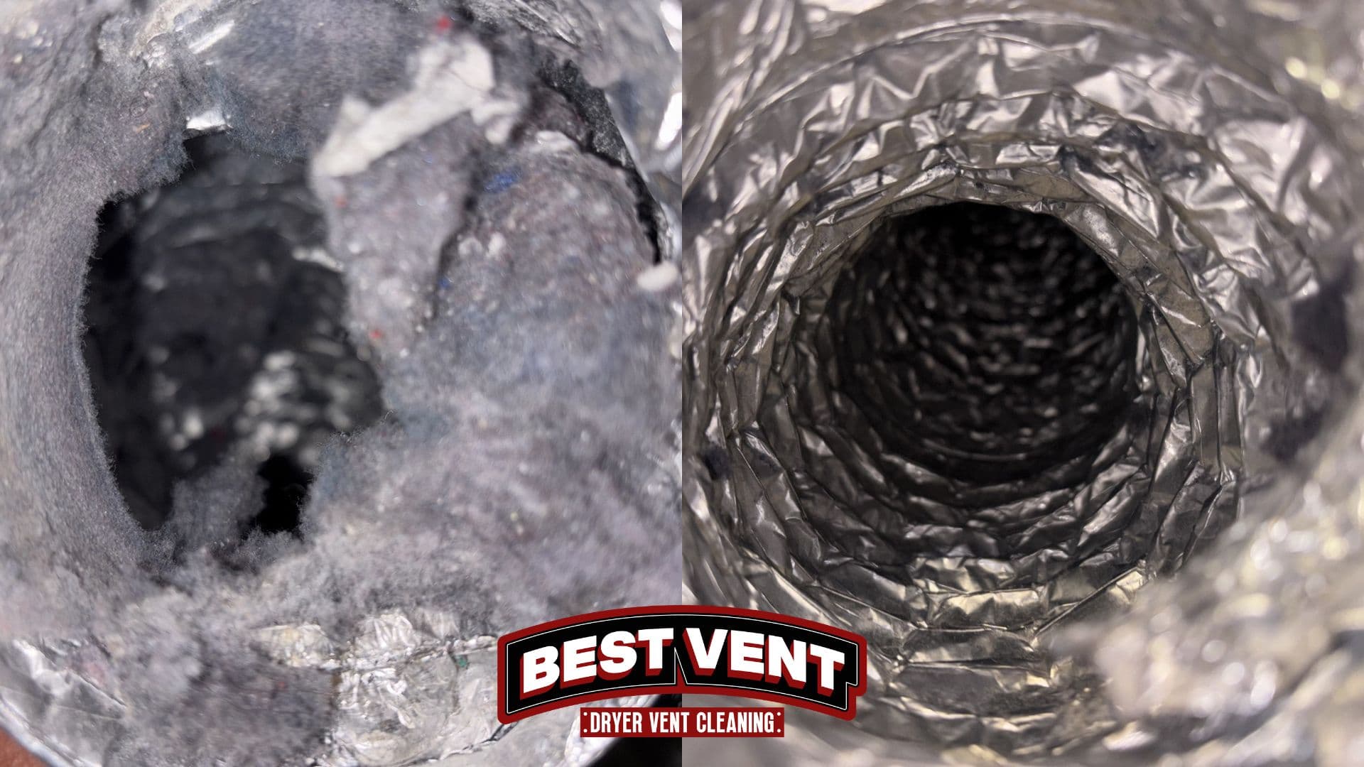 Before and after comparison of a dryer vent clogged with lint and a clean vent.