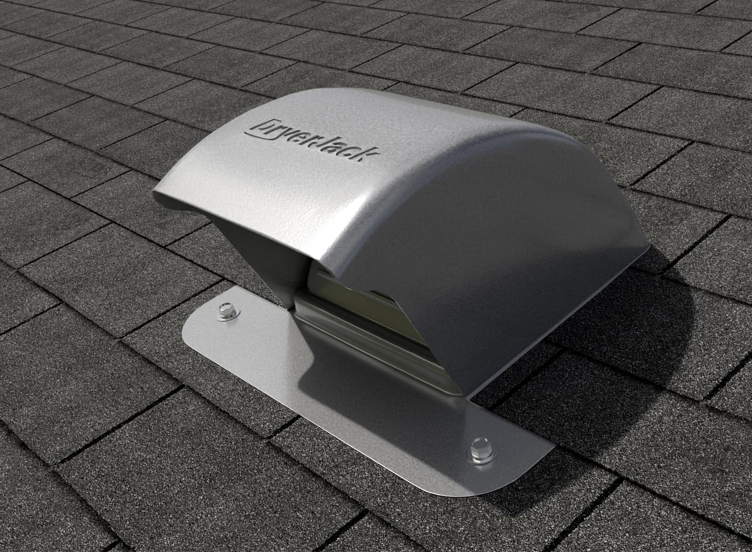Silver metal DryerJack roof vent installed on a dark grey asphalt shingle roof.