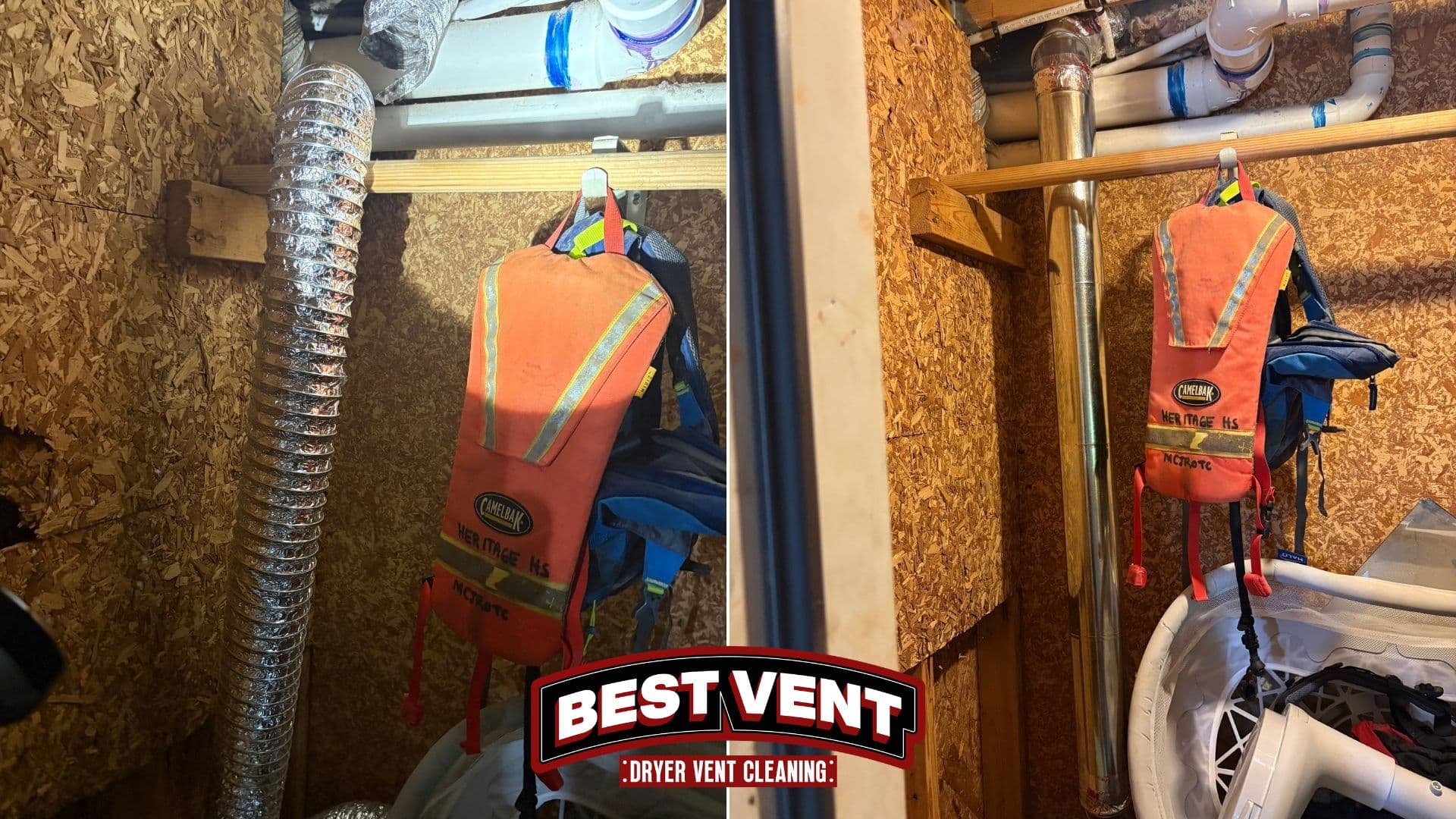 Side-by-side comparison showing a flexible foil dryer vent replaced with a rigid metal vent pipe.