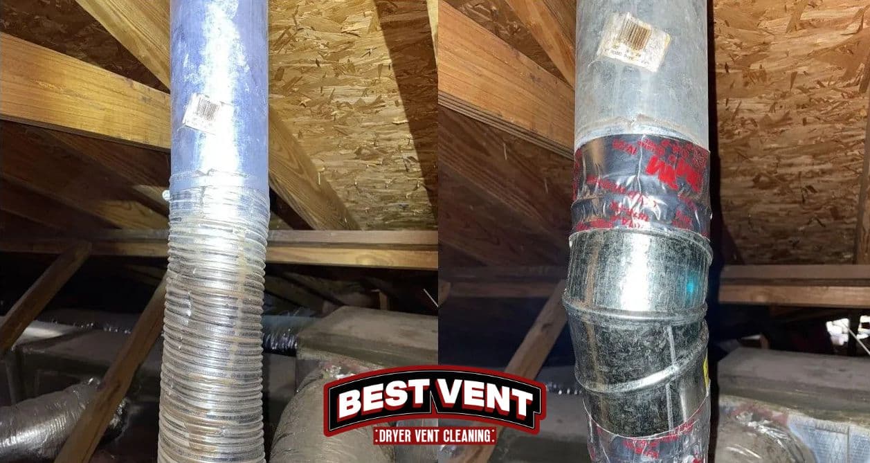 Before and after comparison of flexible dryer vent hose replaced with a rigid metal elbow.