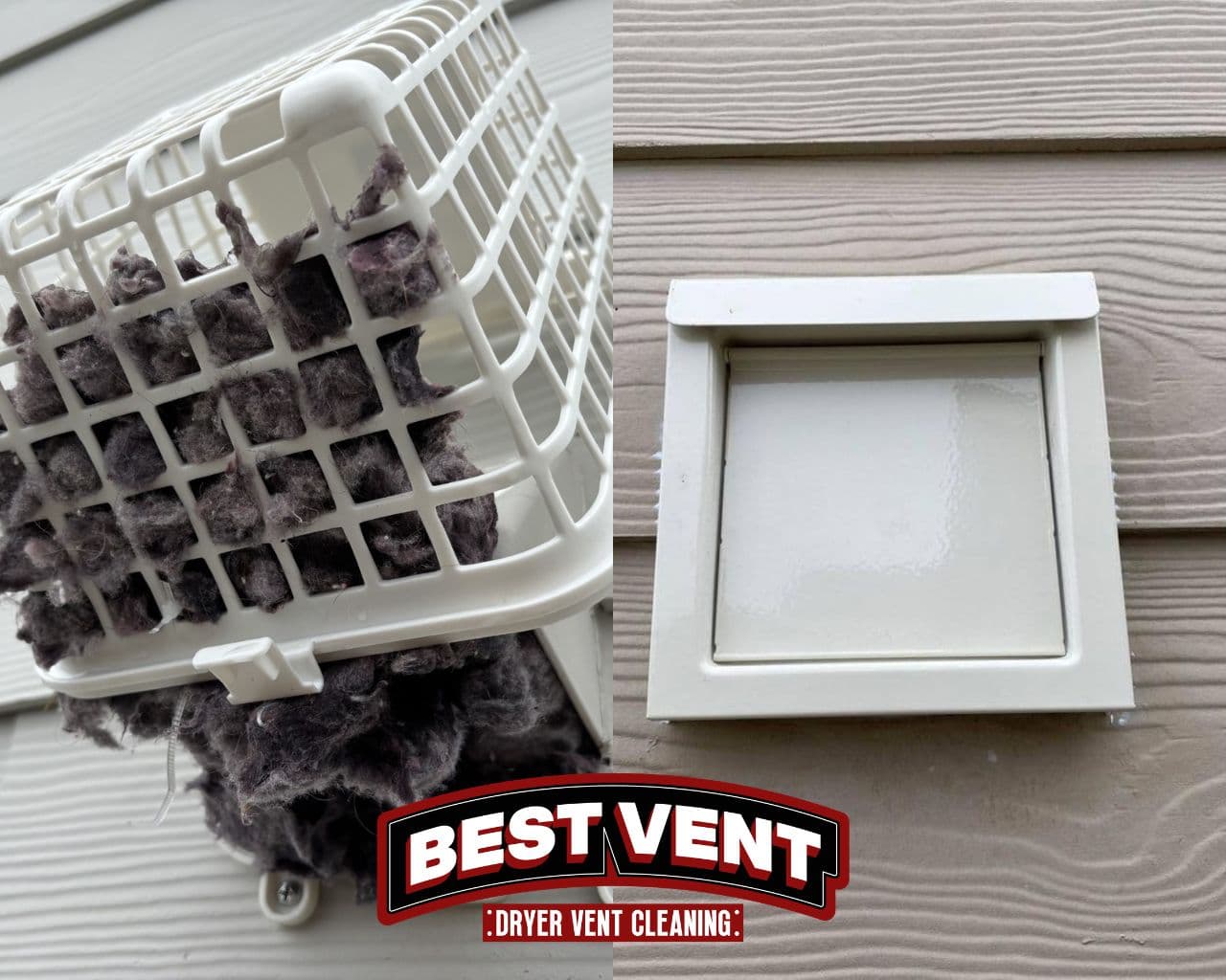 Side-by-side comparison of a lint-clogged dryer vent cage and a clean, white vent cover.