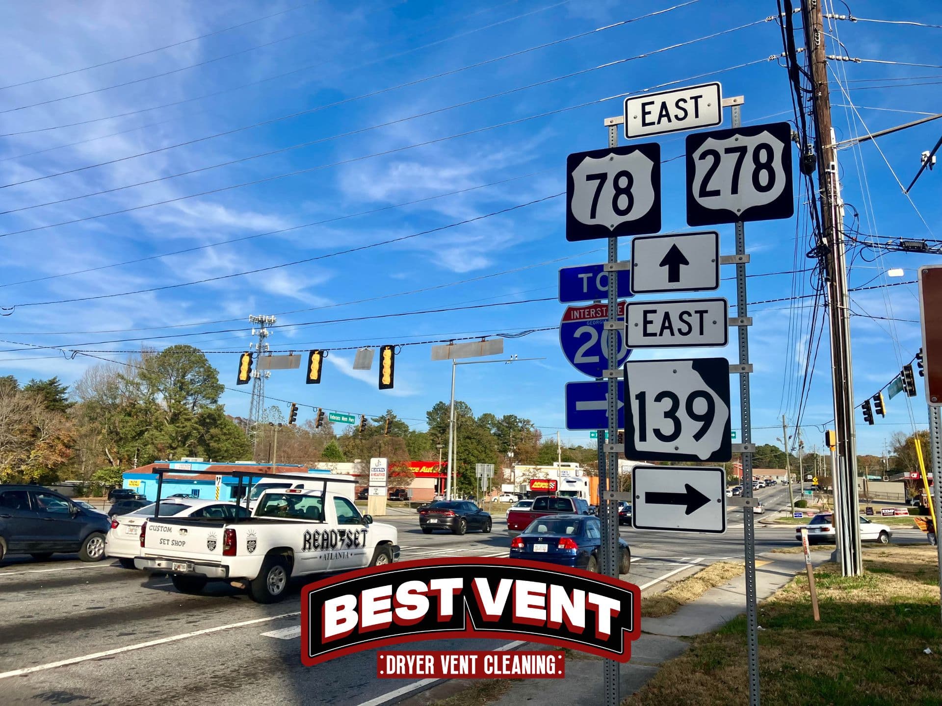 Road signs for routes 78, 278, and 139 at a busy intersection in Atlanta.