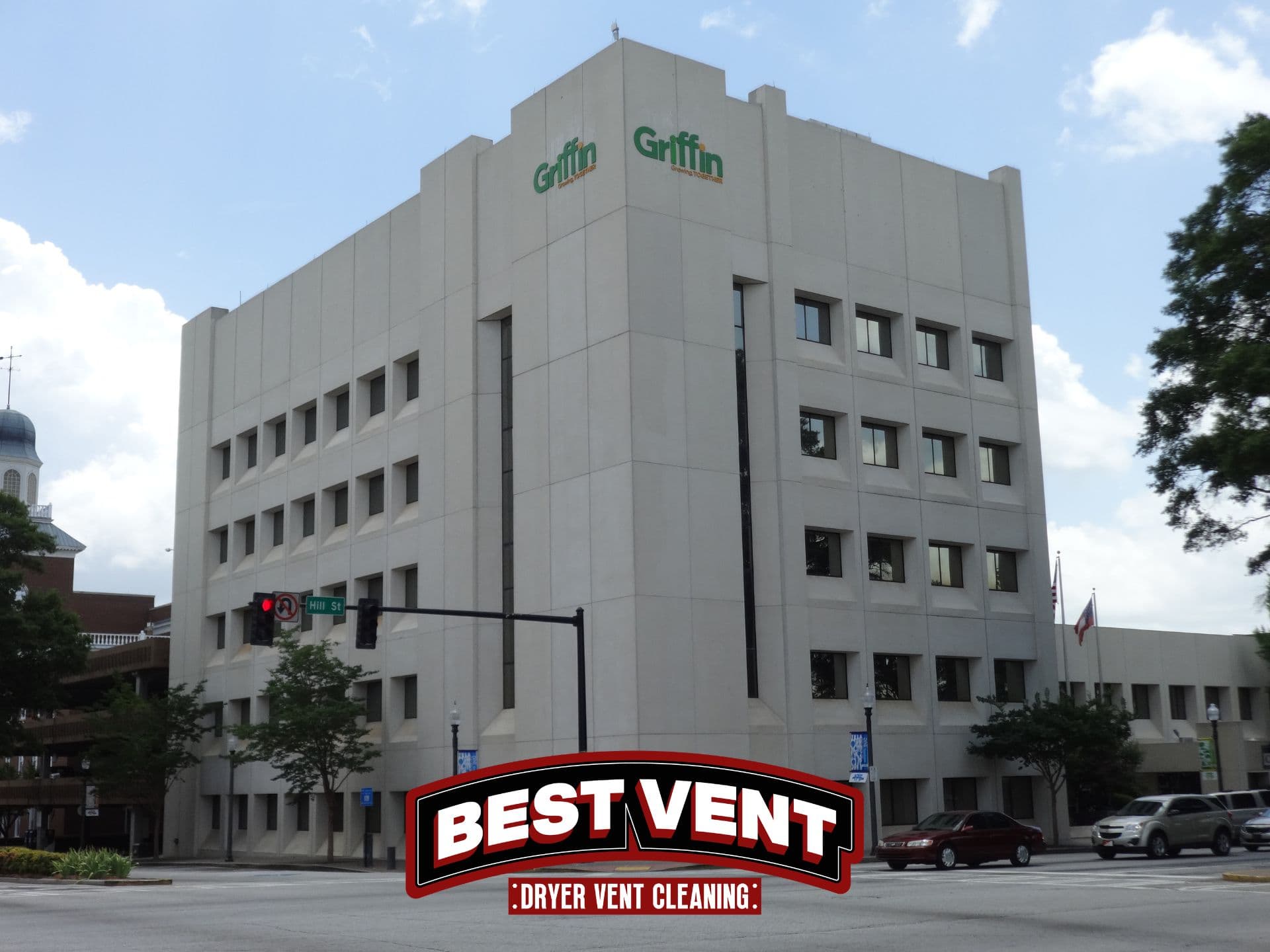 Large concrete office building with Griffin logo and Best Vent dryer vent cleaning logo overlay.