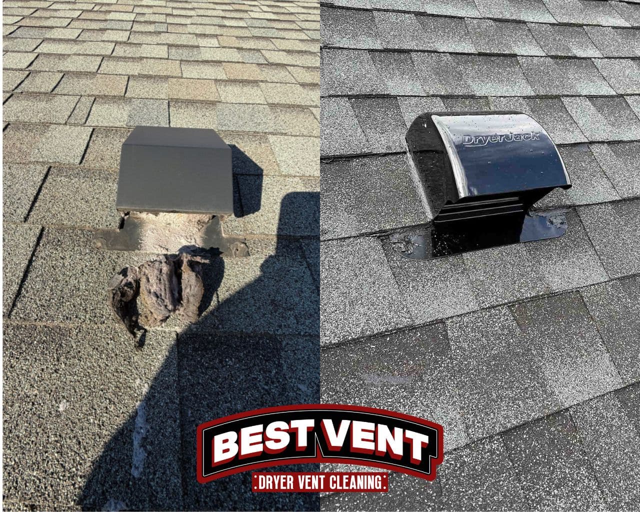 Before and after comparison of a lint-clogged roof vent replaced with a clean DryerJack vent.