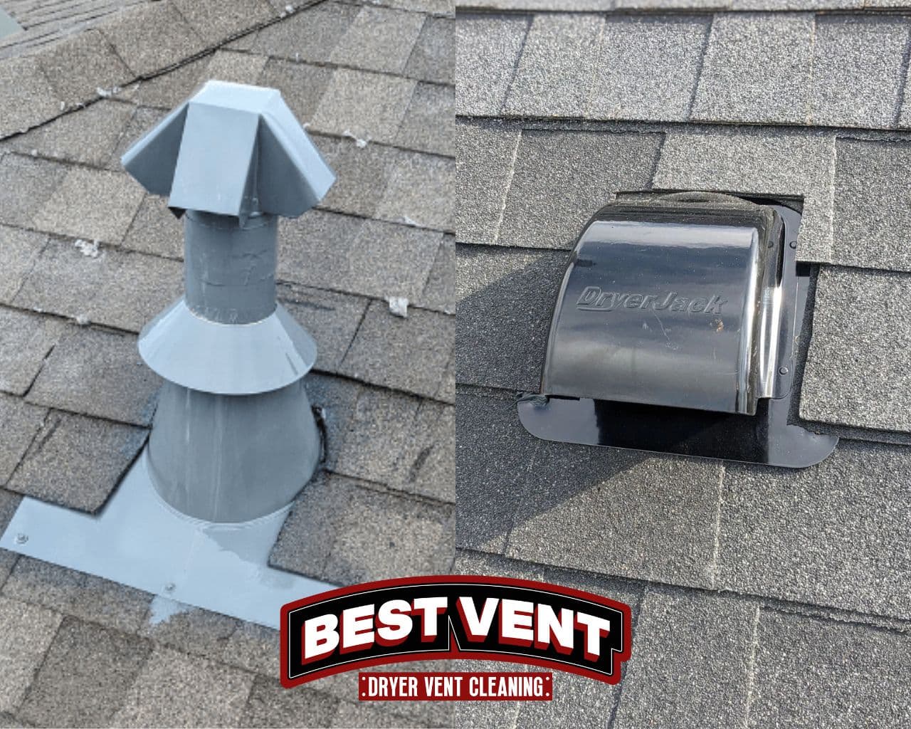 Side-by-side comparison of a tall grey roof vent and a low-profile black DryerJack vent.