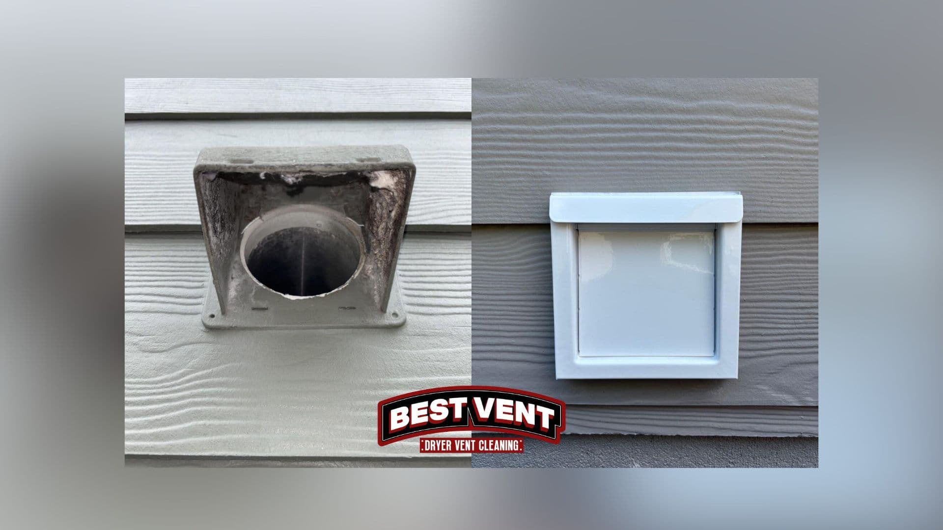 Before and after comparison of a dirty, clogged dryer vent replaced with a new white cover.