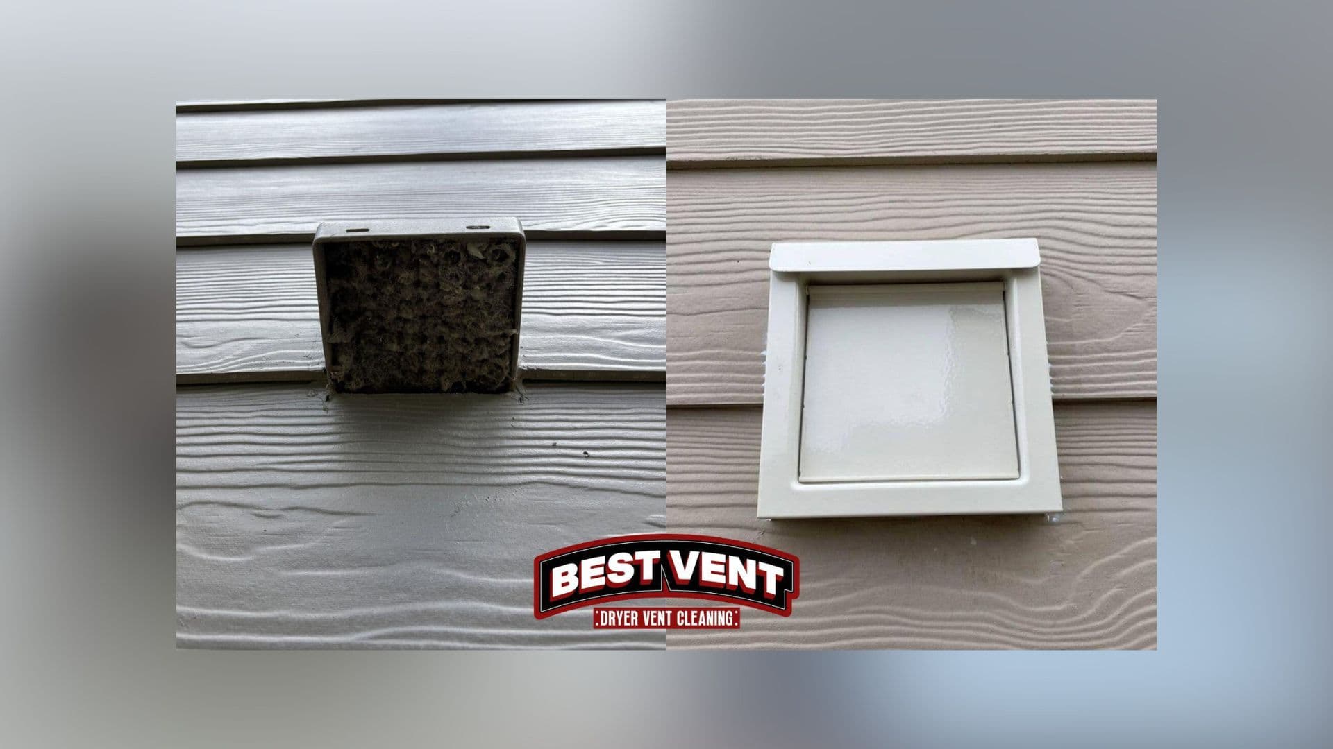 Side-by-side comparison of a lint-clogged exterior dryer vent and a clean, new vent cover.