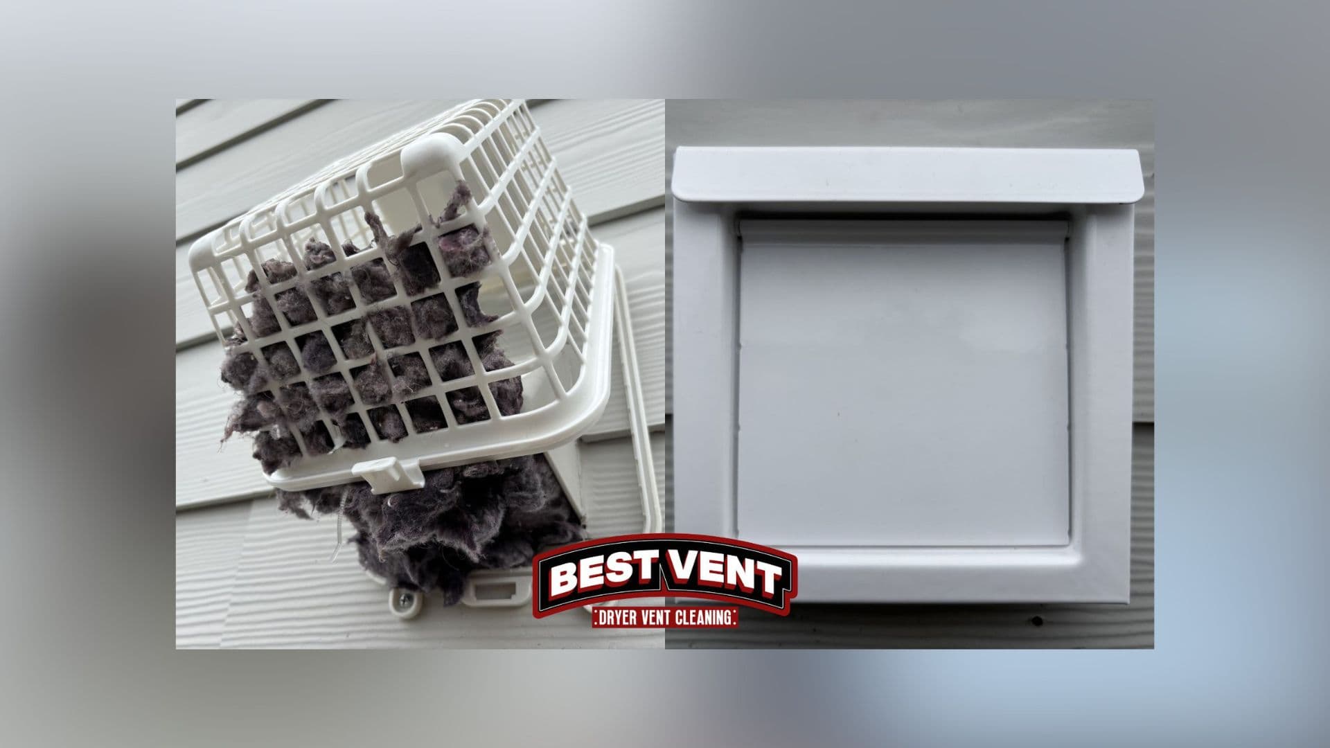 Before and after comparison of a lint-clogged dryer vent and a clean, white vent.