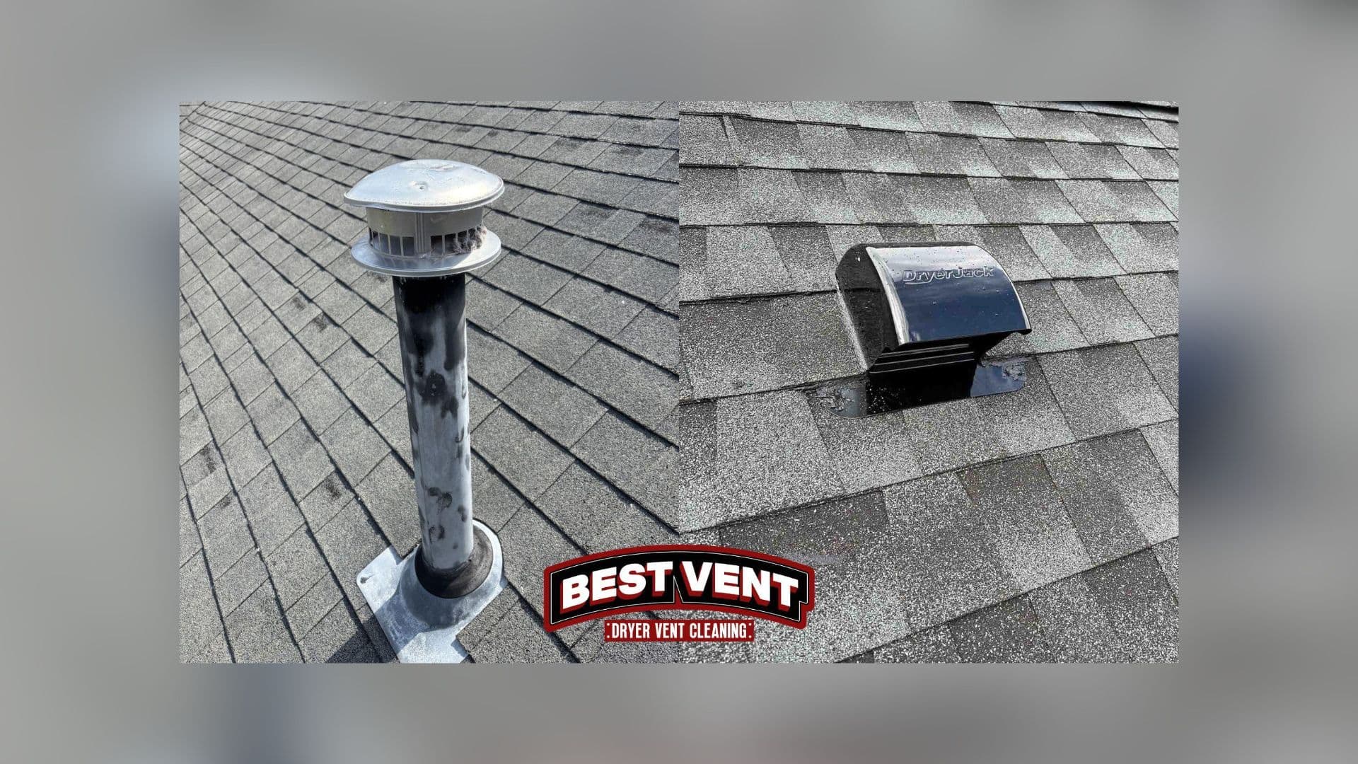 Before and after comparison of an old roof vent replaced with a modern black DryerJack.