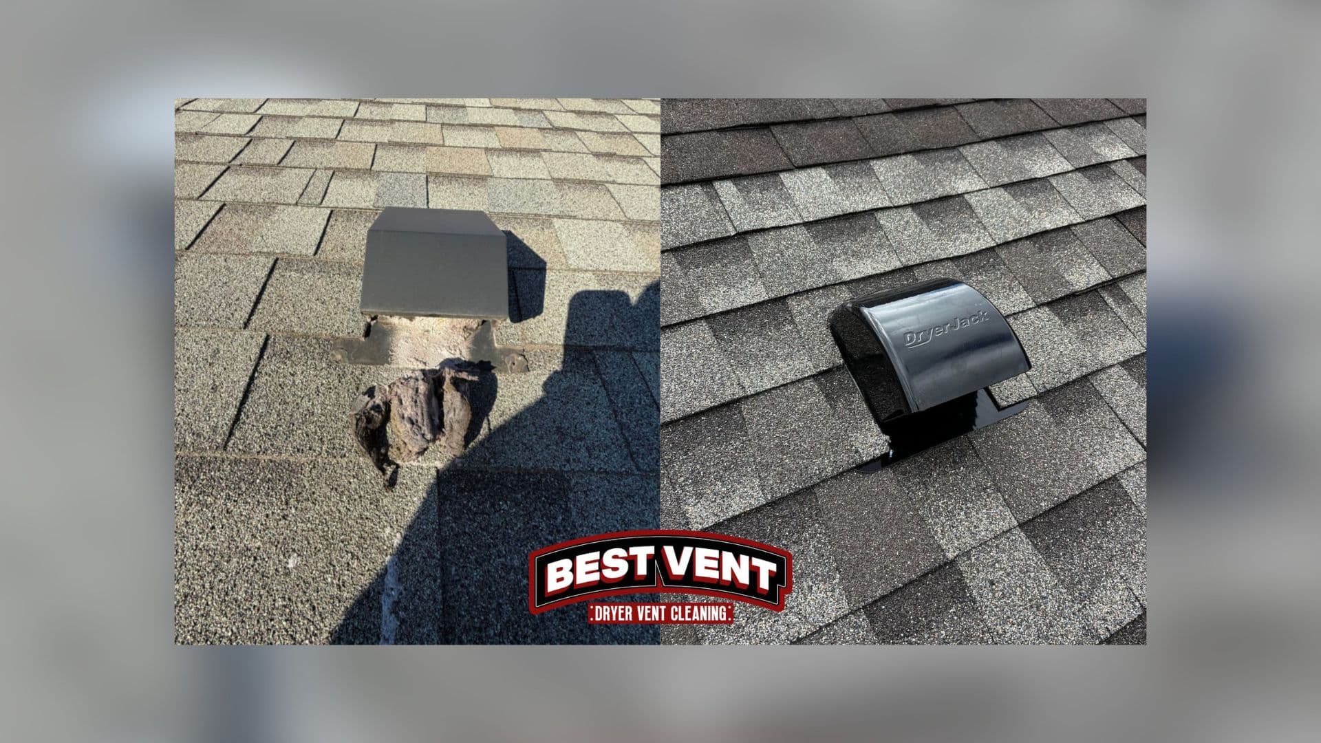 Before and after showing a lint-clogged roof vent replaced with a new DryerJack vent.