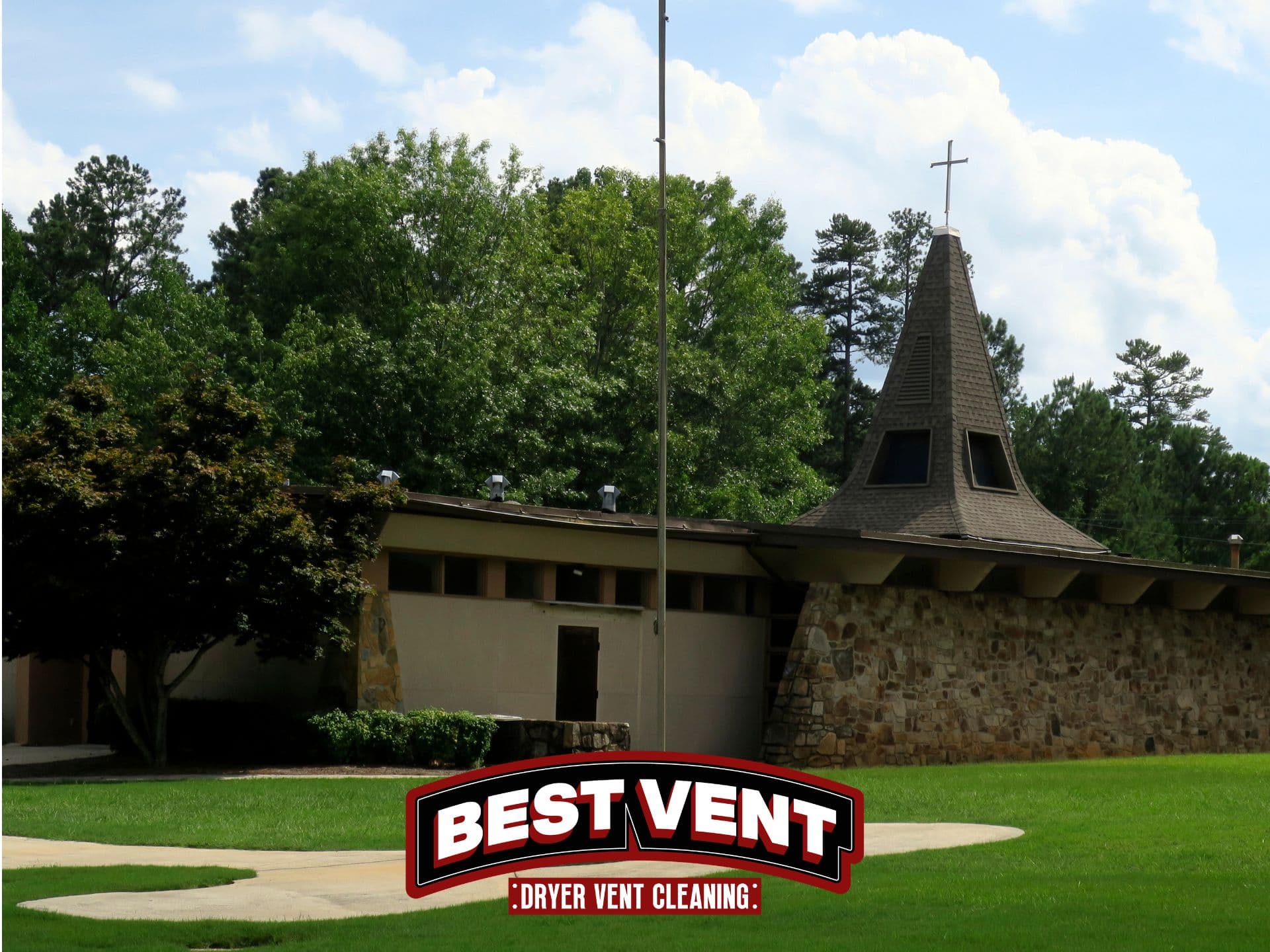 Stone church with a steeple and cross, featuring the Best Vent Dryer Vent Cleaning logo.