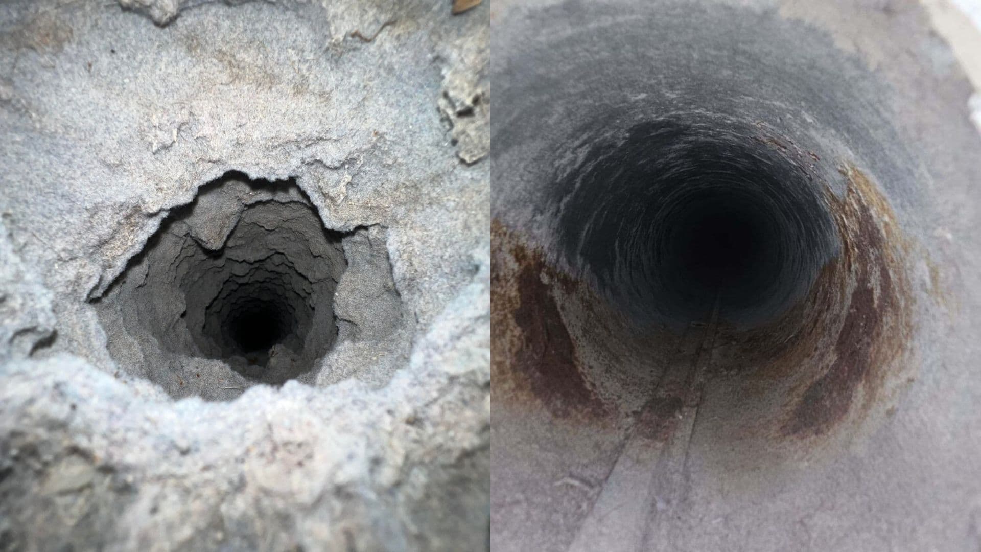 Side-by-side comparison of a jagged, irregular hole and a smooth, circular, deep dark shaft.