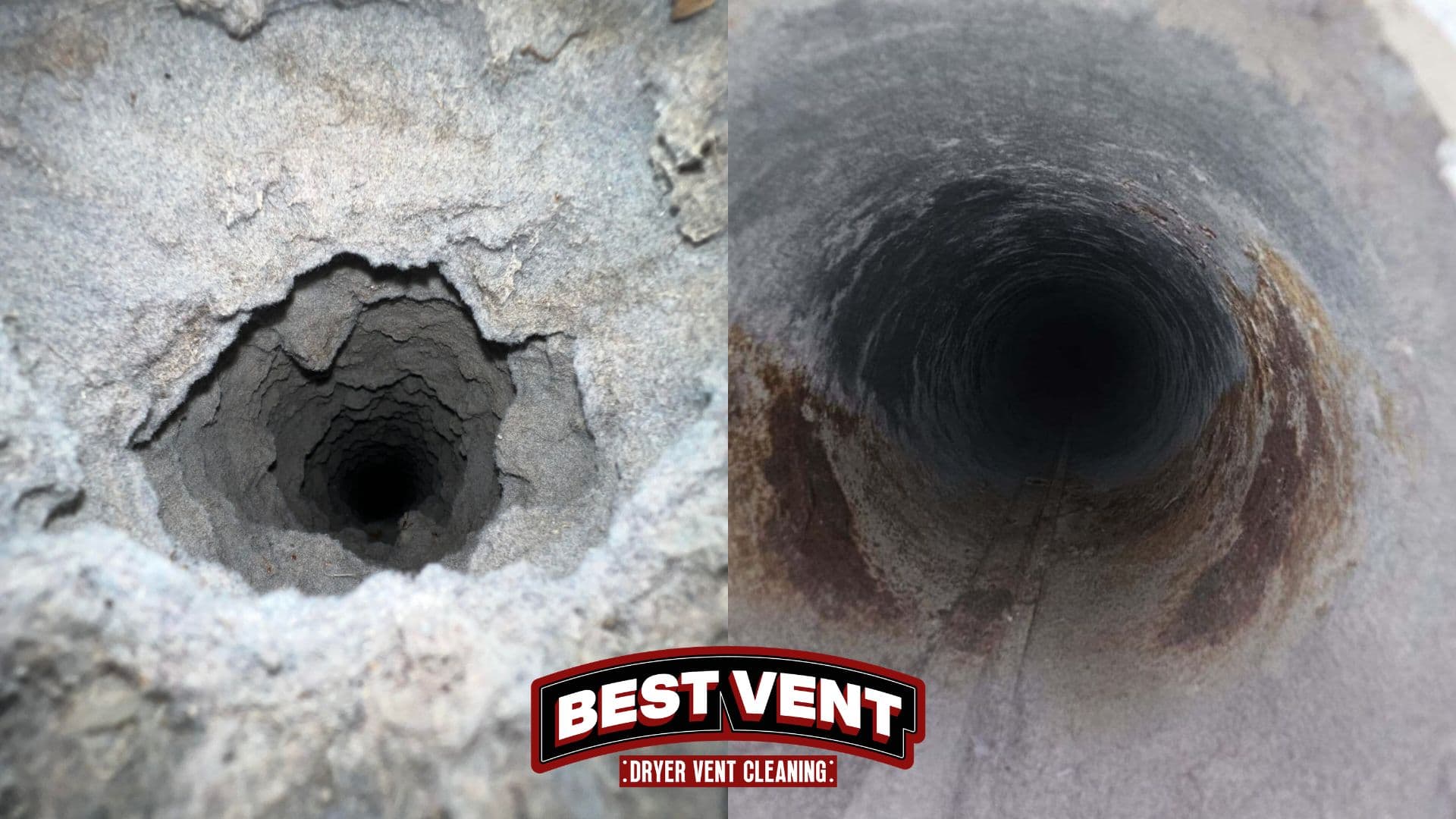 Side-by-side comparison of a clogged dryer vent before and after professional cleaning.
