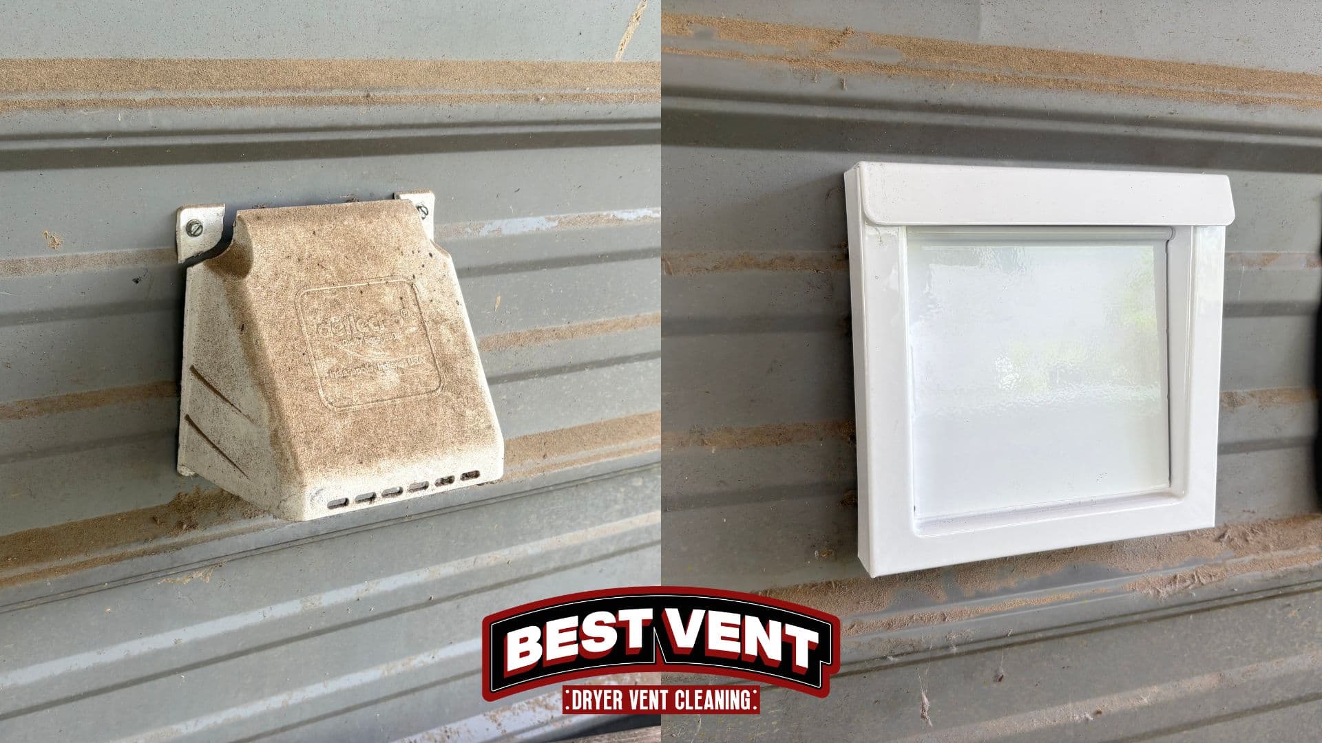 Dirty tan dryer vent replaced with a clean white square vent cover on grey siding.