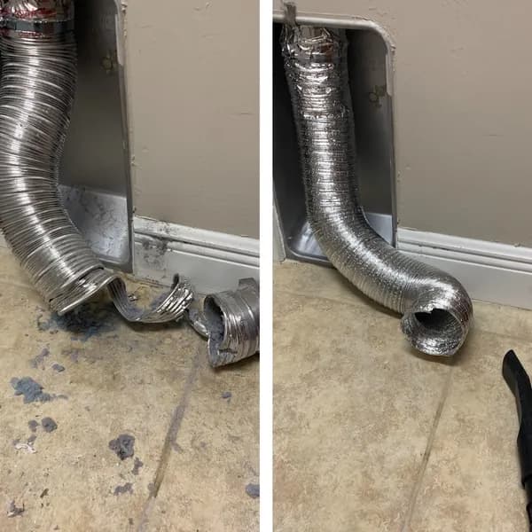 Side-by-side comparison of a torn, lint-filled dryer vent hose and a clean, repaired replacement.